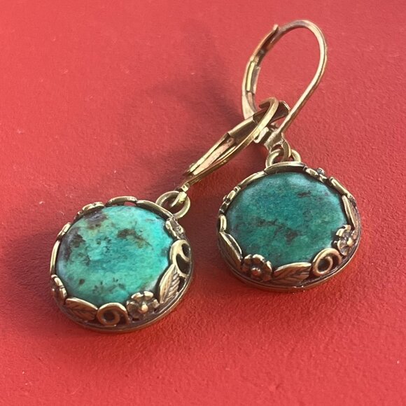 African Turquoise Earrings, Antiqued Brass Floral Setting, Boho Drop Earrings - Picture 1 of 5